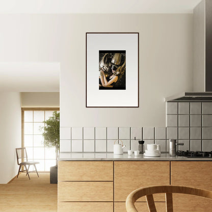 Framed wall art of a person with long hair embracing a horse for room decoration