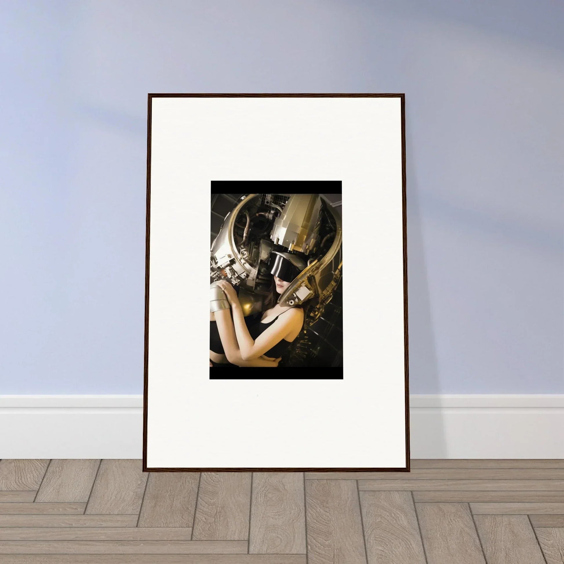 Framed wall art of a person in a metallic helmet, perfect for room decoration