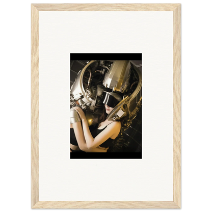 Framed wall art of a person in an elaborate golden helmet for cool room decoration