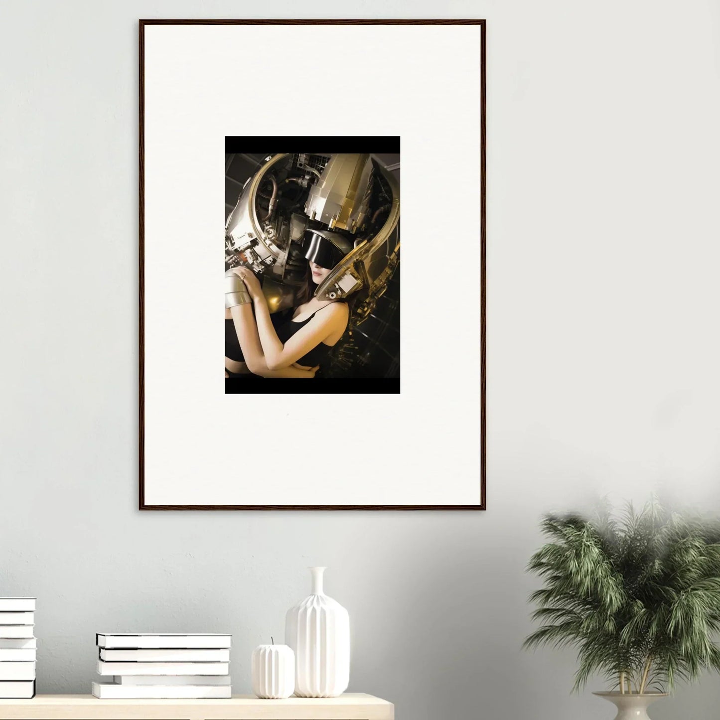 Framed wall art of a person in a metallic helmet for cool room decoration