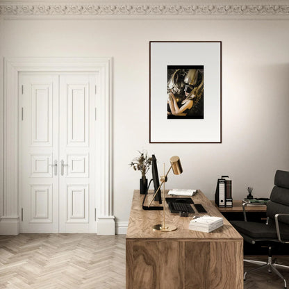 Elegant home office with wooden desk, canvas print wall art, and stylish room decoration