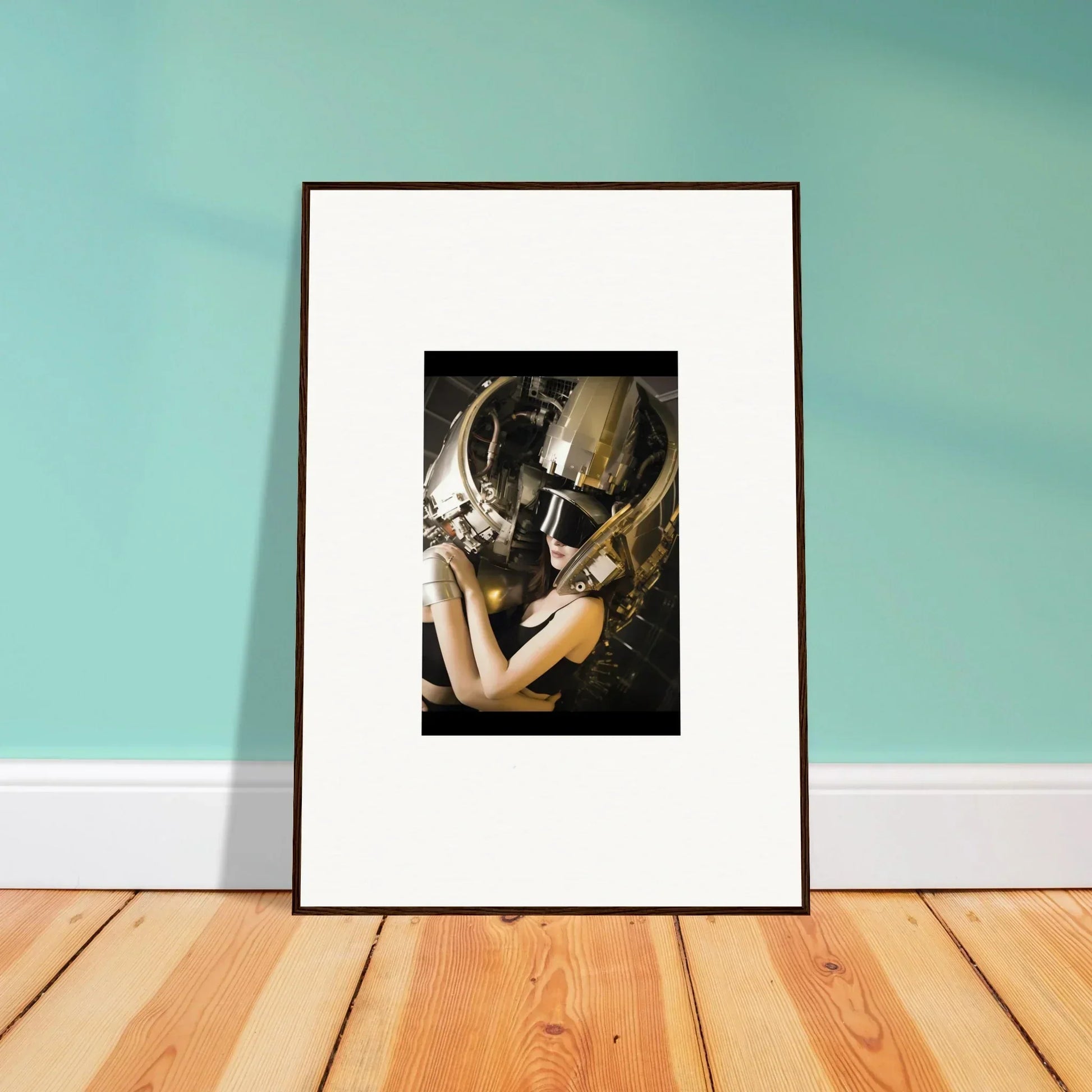 Framed canvas print of a person in an ornate metallic mask for unique room decoration