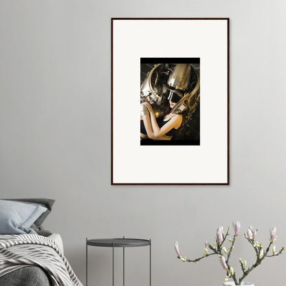 Framed wall art featuring a person in a metallic helmet for unique room decoration