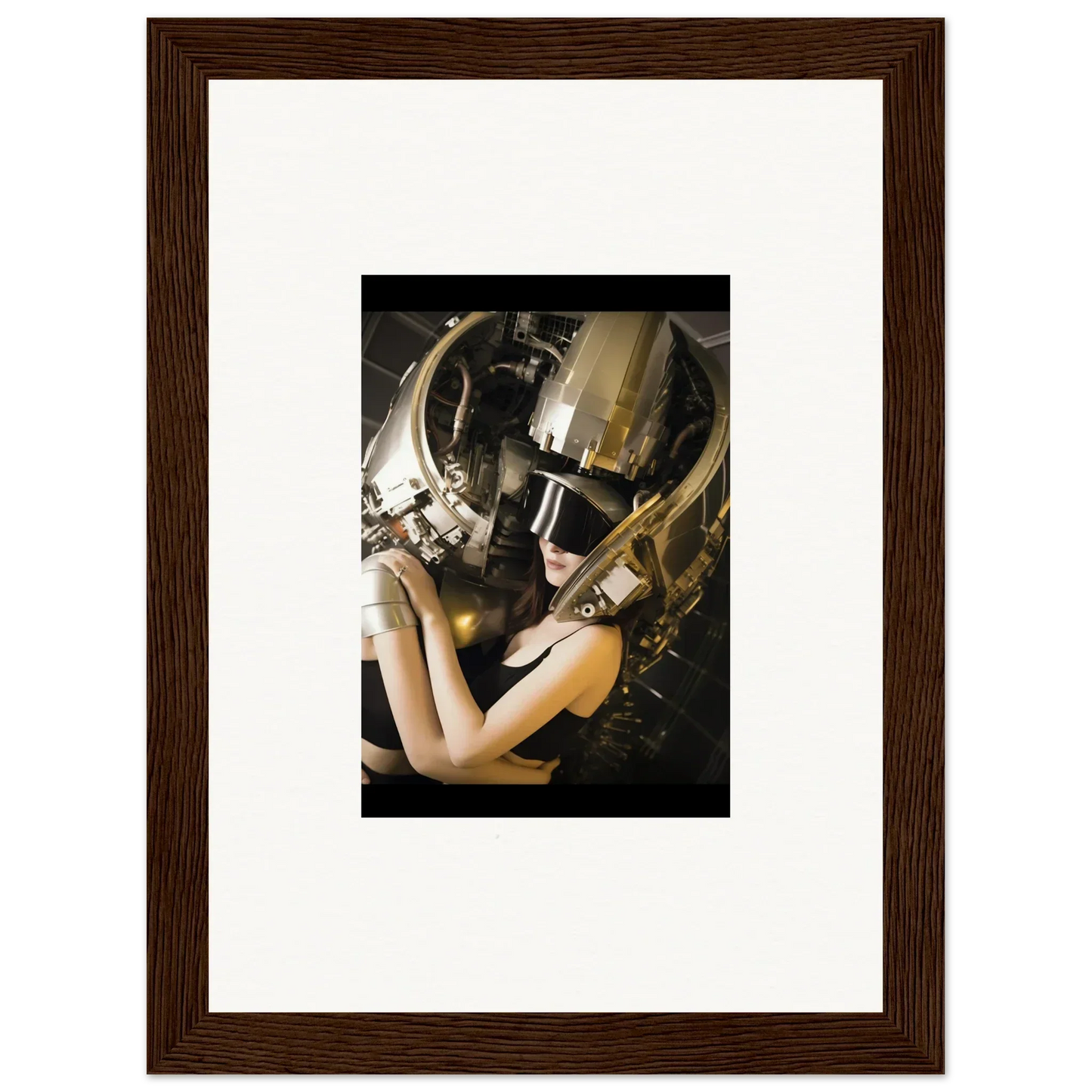 Framed photograph of a person in a stunning gold and silver helmet for wall art