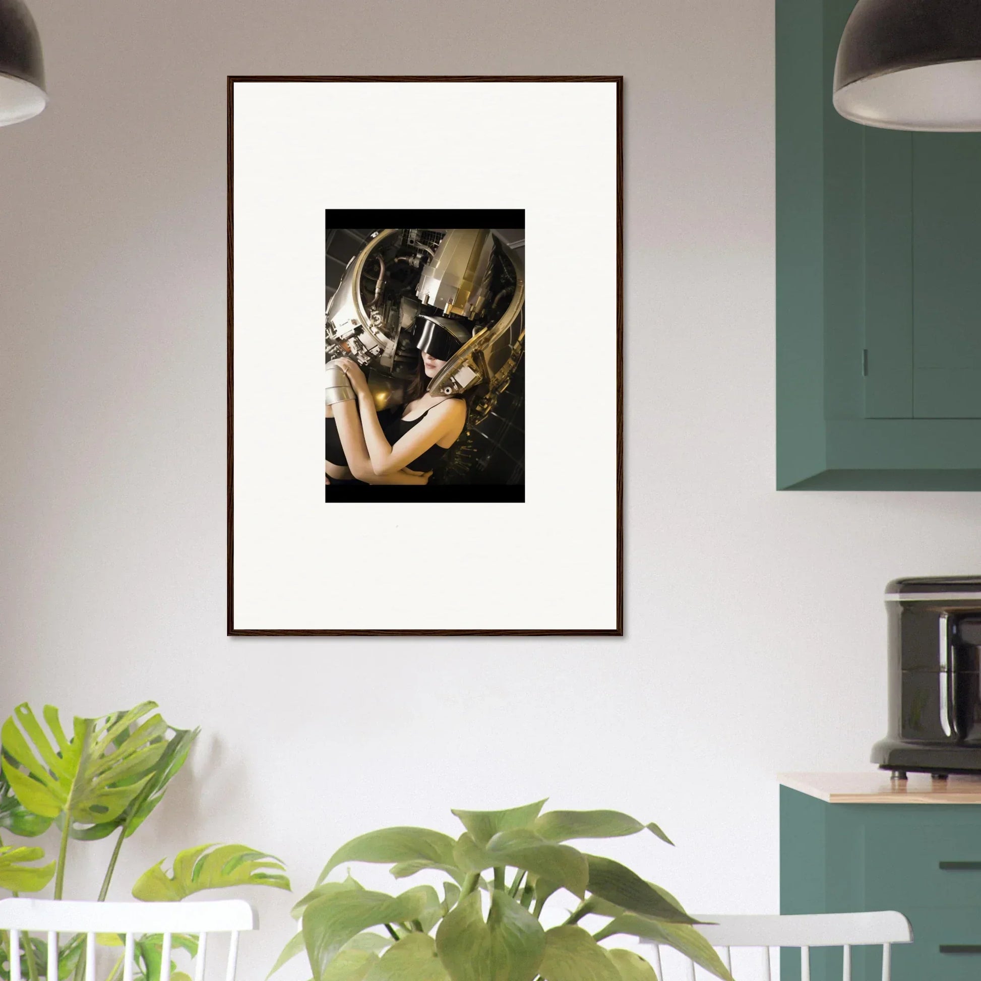 Framed wall art of a person in a golden mask for unique room decoration