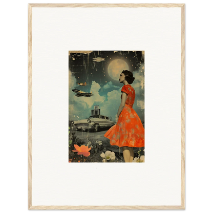 Framed vintage illustration of a woman in an orange dress for room decoration, canvas print