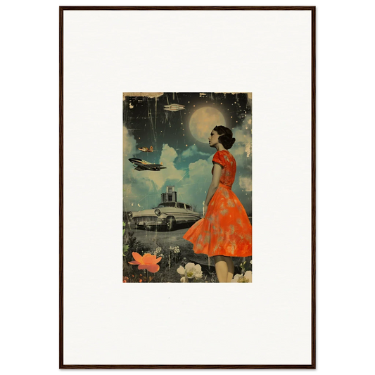 Framed vintage-style canvas print of a woman in red dress against surreal night sky for room decoration