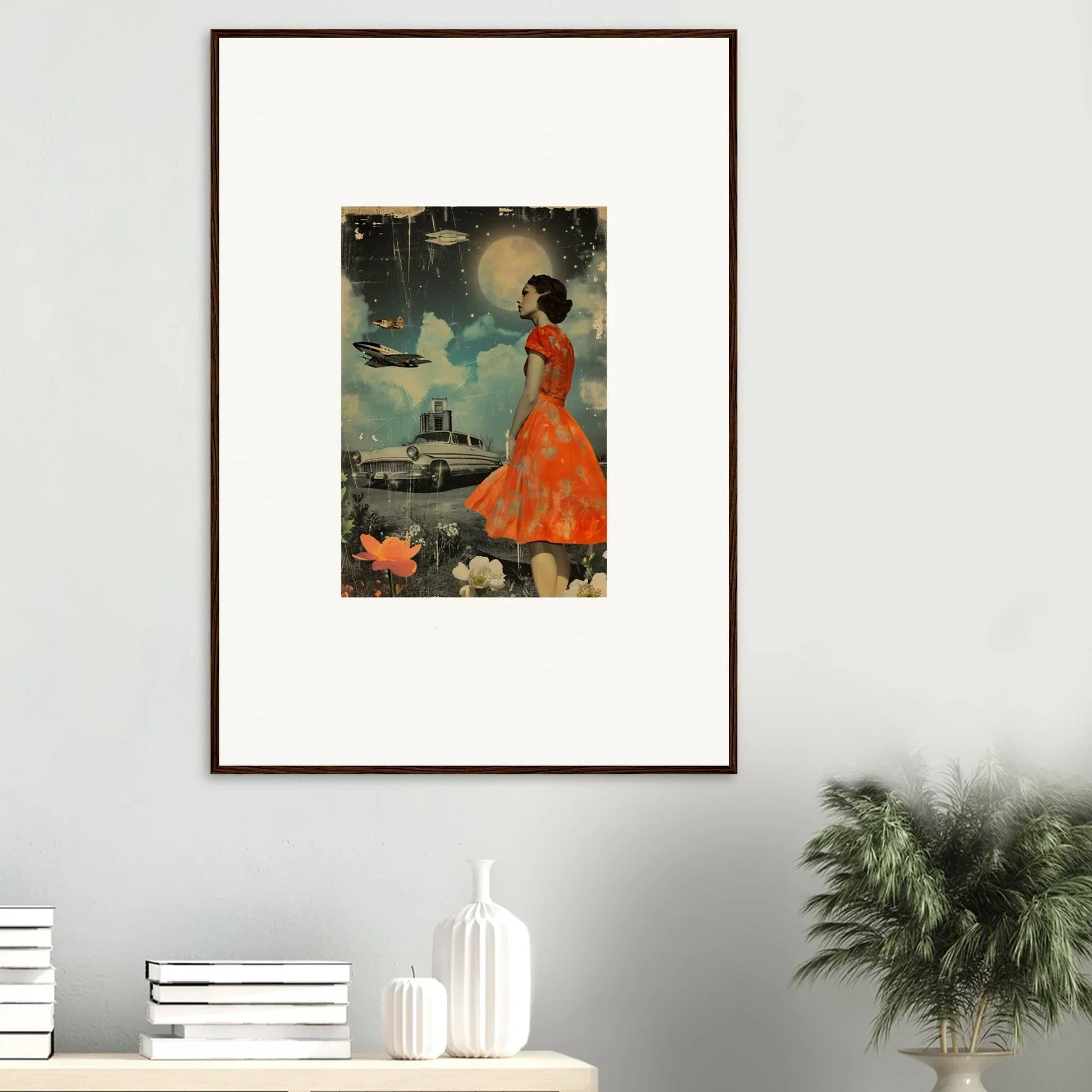 Framed canvas print of a woman in an orange dress for unique room decoration, Veil Tales style