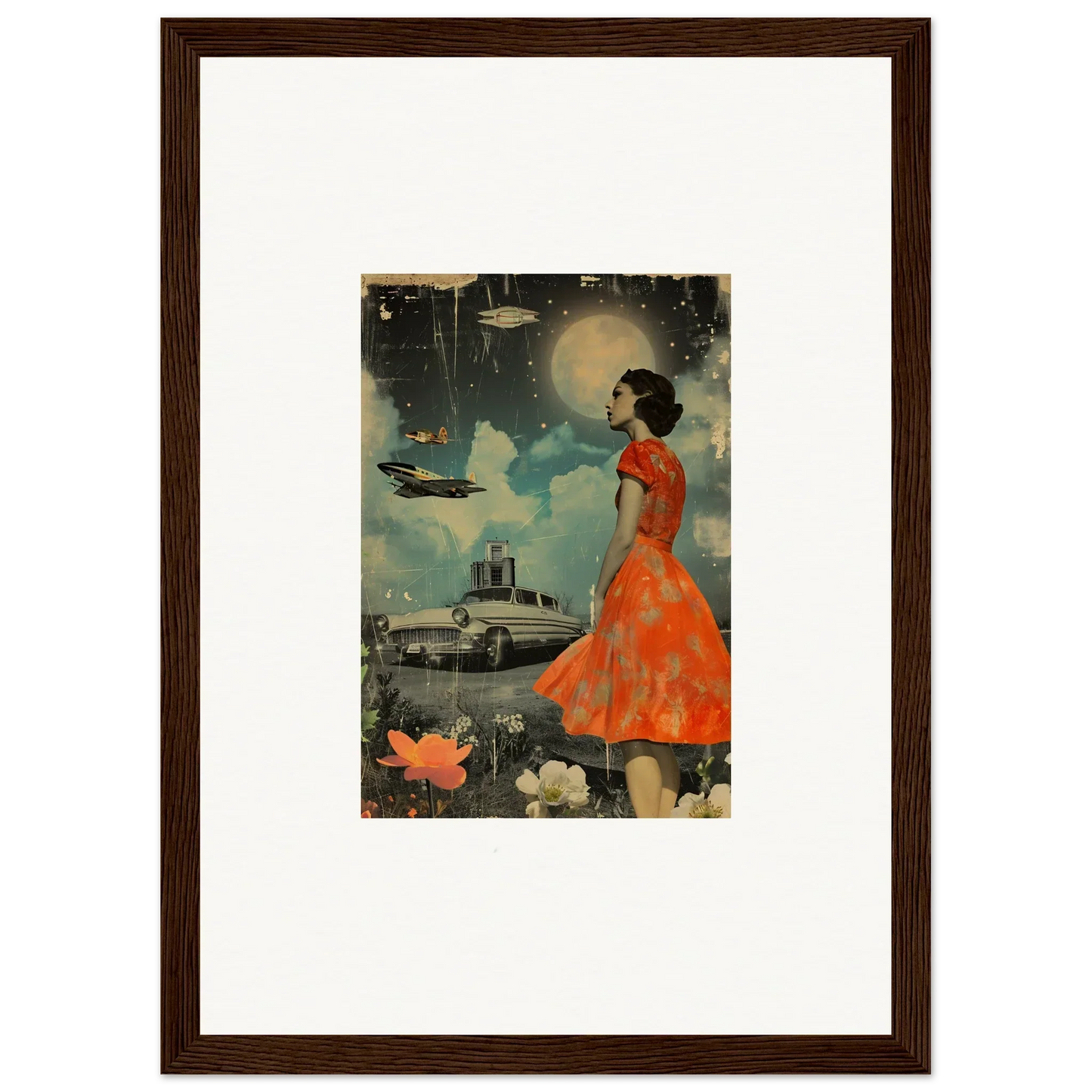 Framed canvas print of a woman in an orange dress for stylish room decoration with Veil Tales