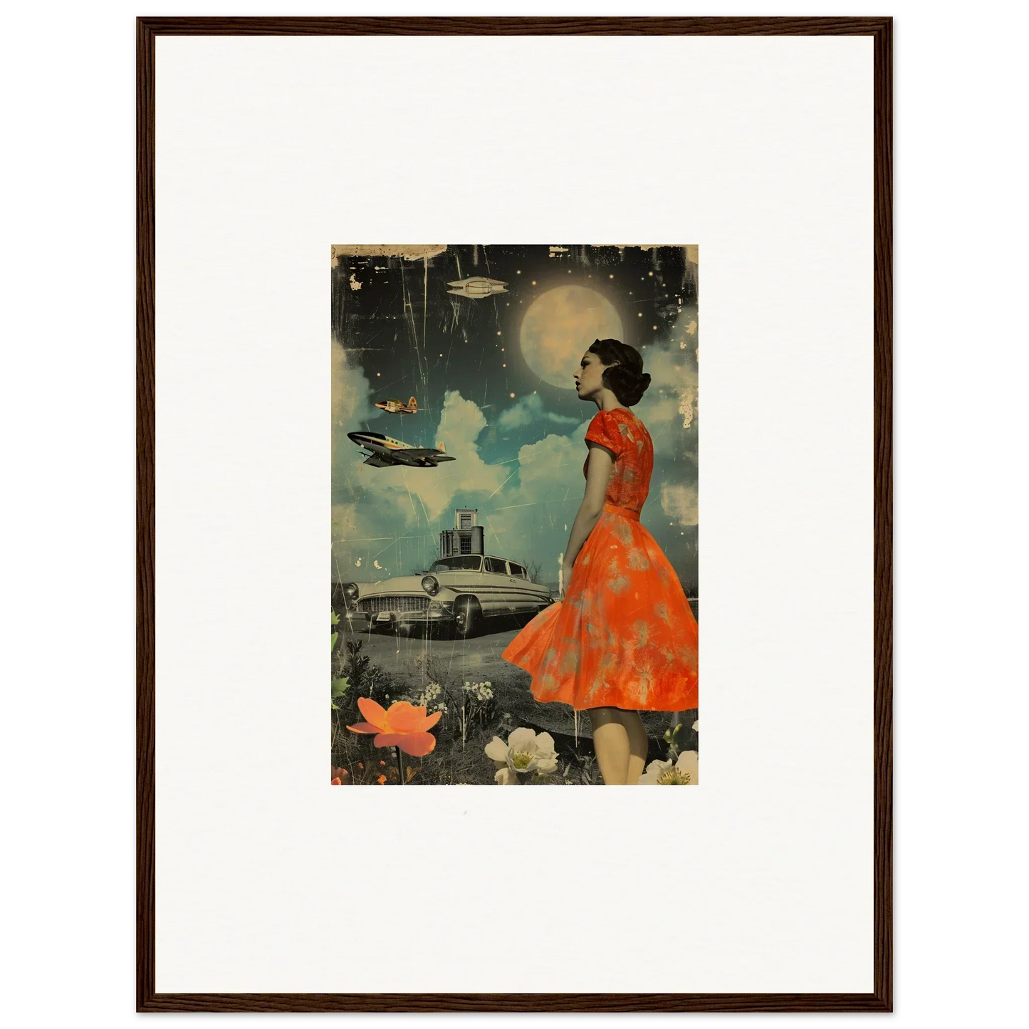 Framed vintage illustration of a woman in an orange dress for room decoration