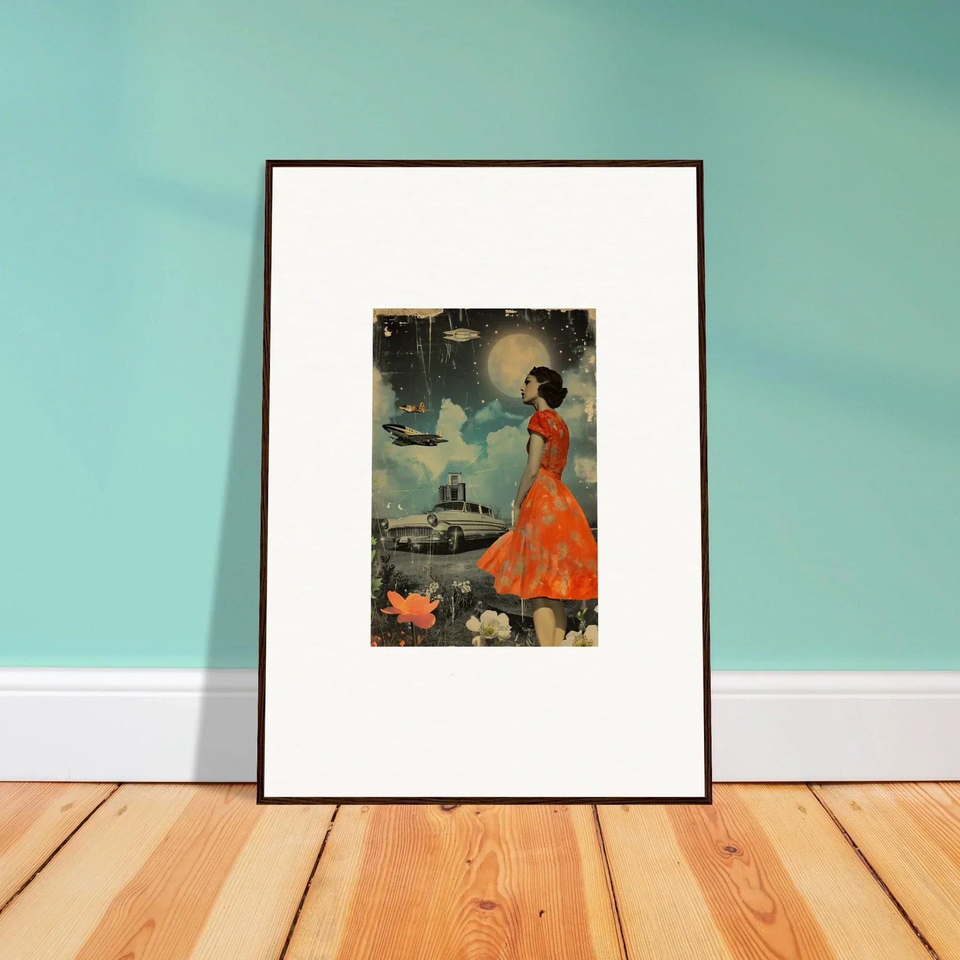 Framed canvas print of a figure in an orange dress for stylish room decoration