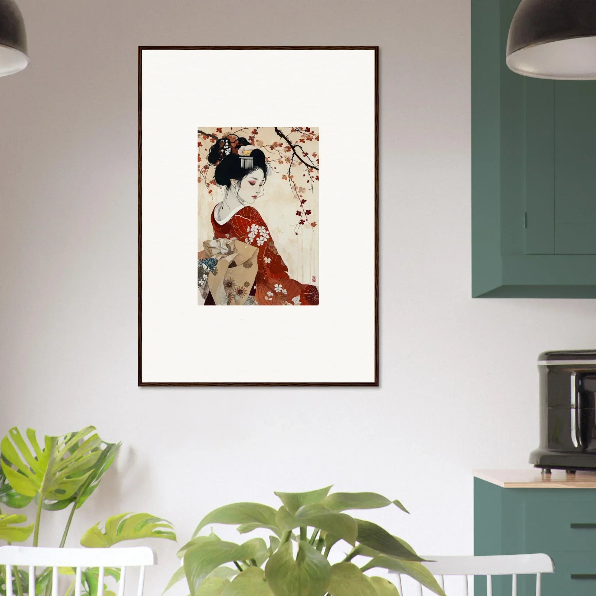 Framed wall art of Geisha Moon Blossoms in a red kimono under cherry blossoms