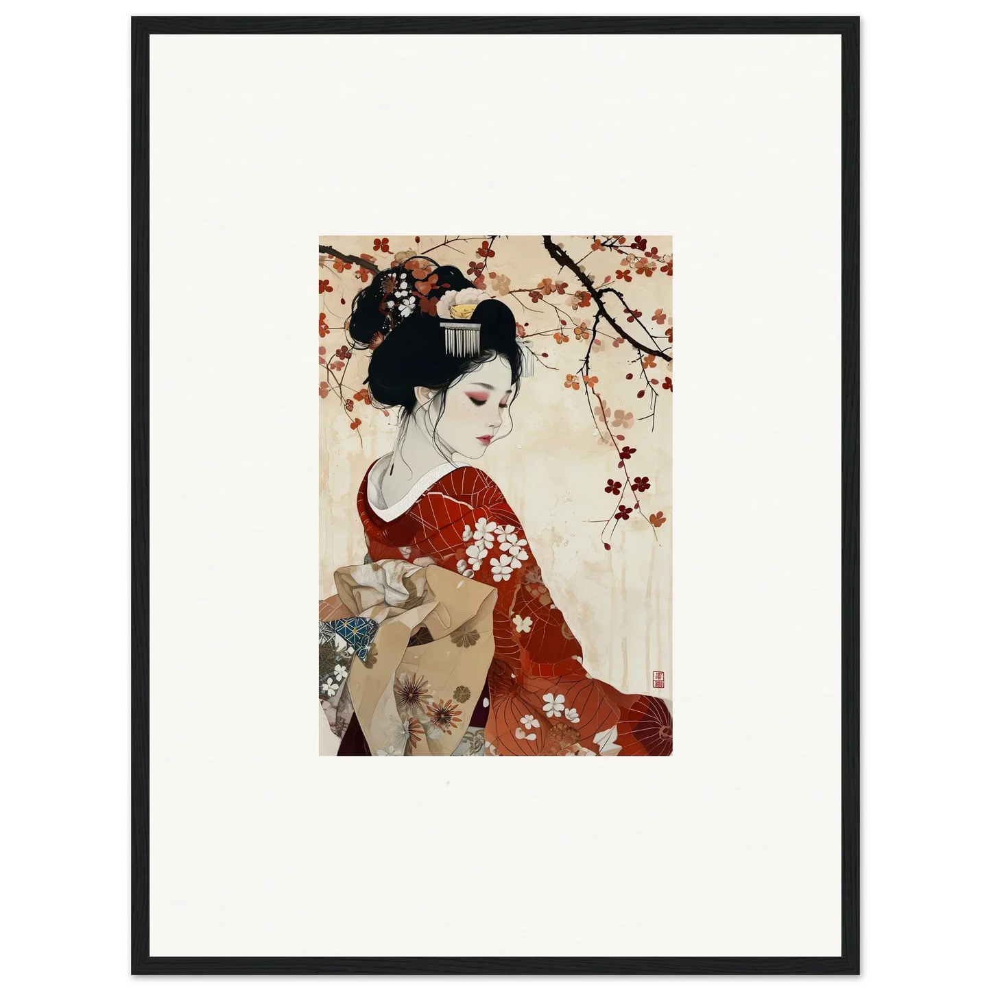 Traditional Japanese artwork of a geisha in a red kimono for Geisha Moon Blossoms