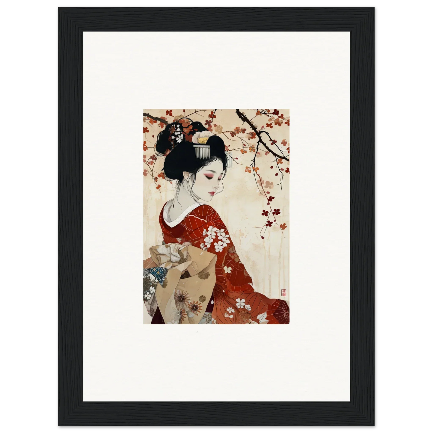 Framed Wall Art of Geisha Moon Blossoms in Red Kimono Under Cherry Blossoms