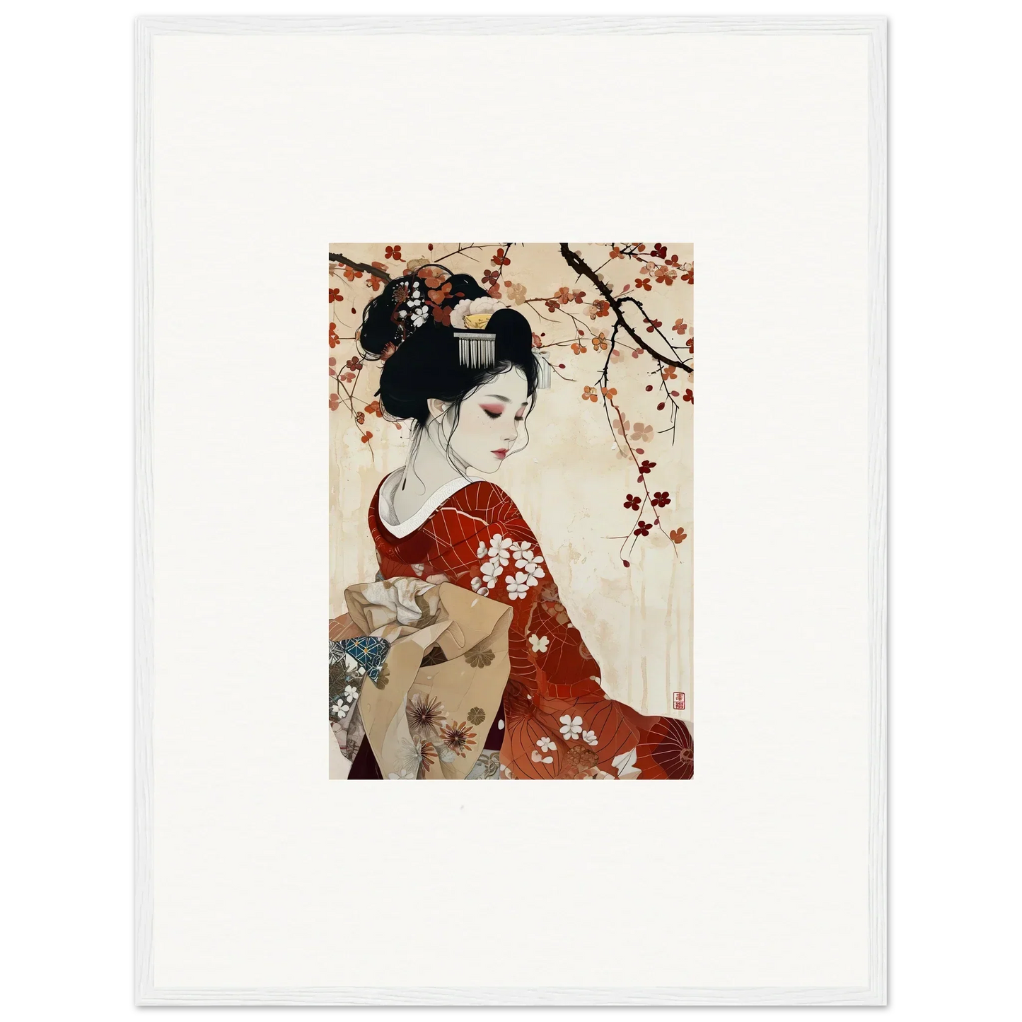 Traditional Japanese artwork of a geisha in a floral kimono, Geisha Moon Blossoms