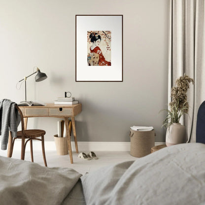 Framed wall art of Geisha Moon Blossoms with a figure in a red kimono