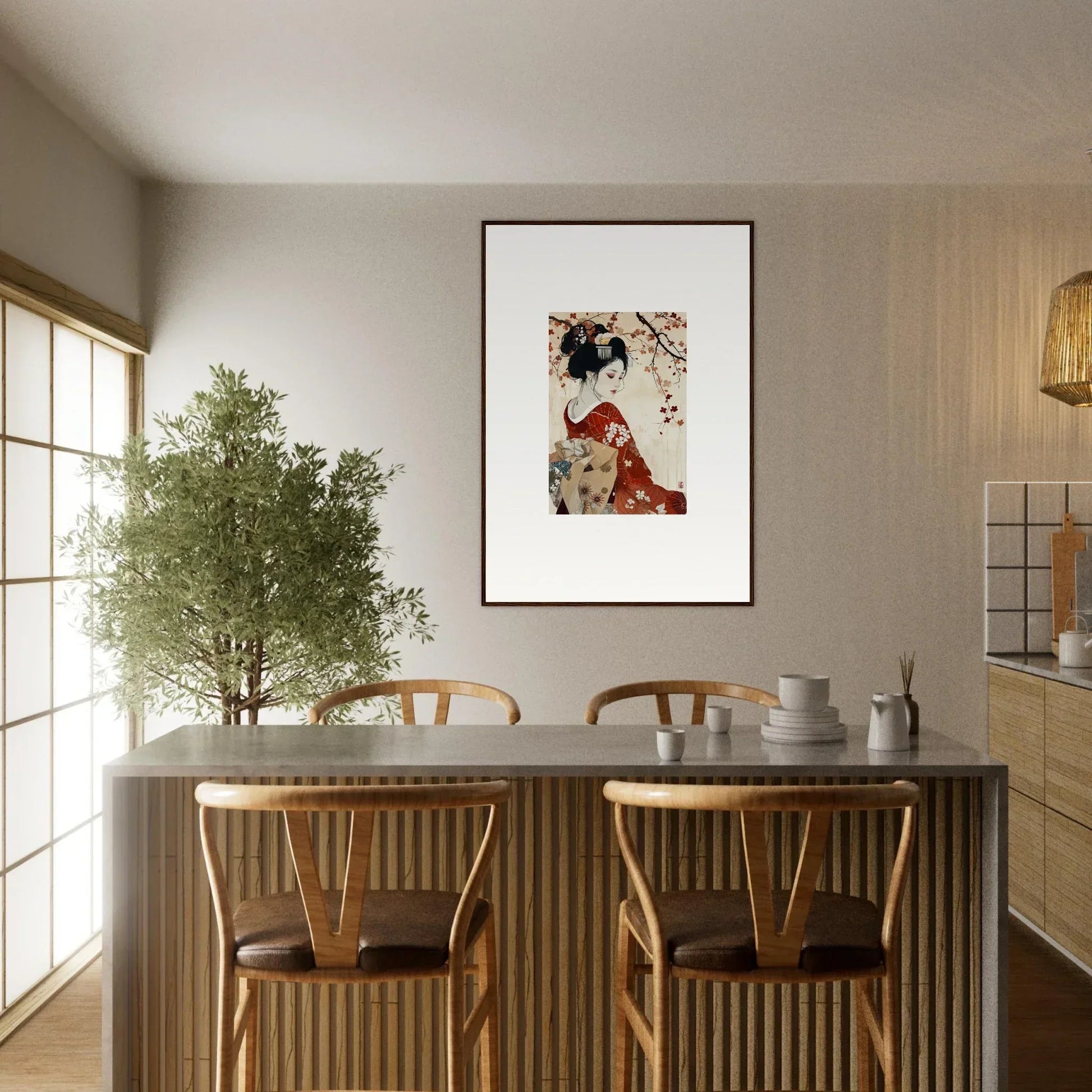 Modern dining table and wooden chairs with Geisha Moon Blossoms framed wall art