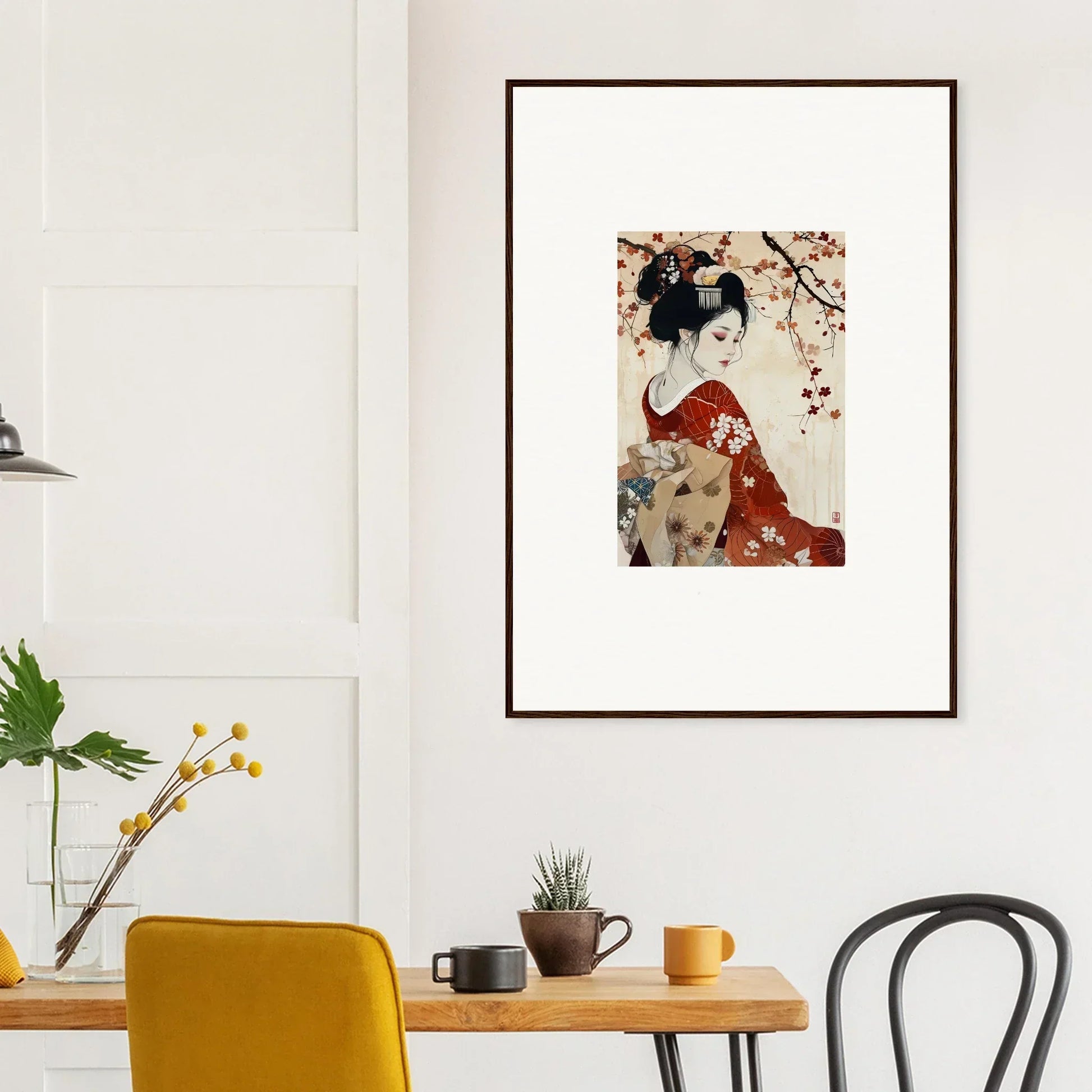 Framed wall art of Geisha Moon Blossoms with a geisha in a red kimono under cherry blossoms