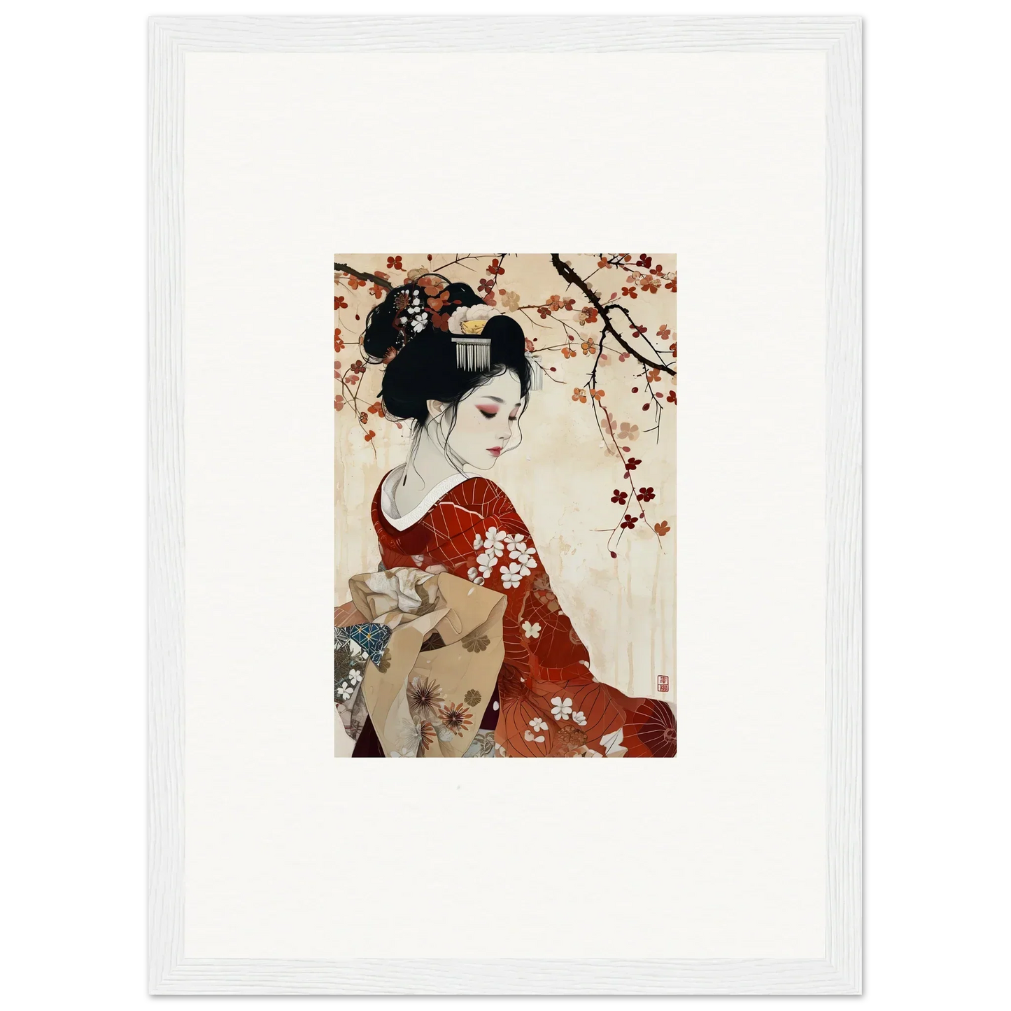 Geisha in a red floral kimono under cherry blossoms for Geisha Moon Blossoms art