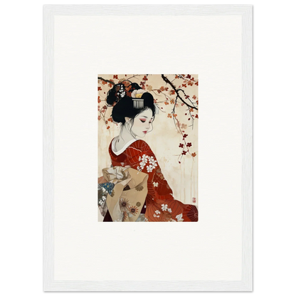 Geisha in a red floral kimono under cherry blossoms for Geisha Moon Blossoms art