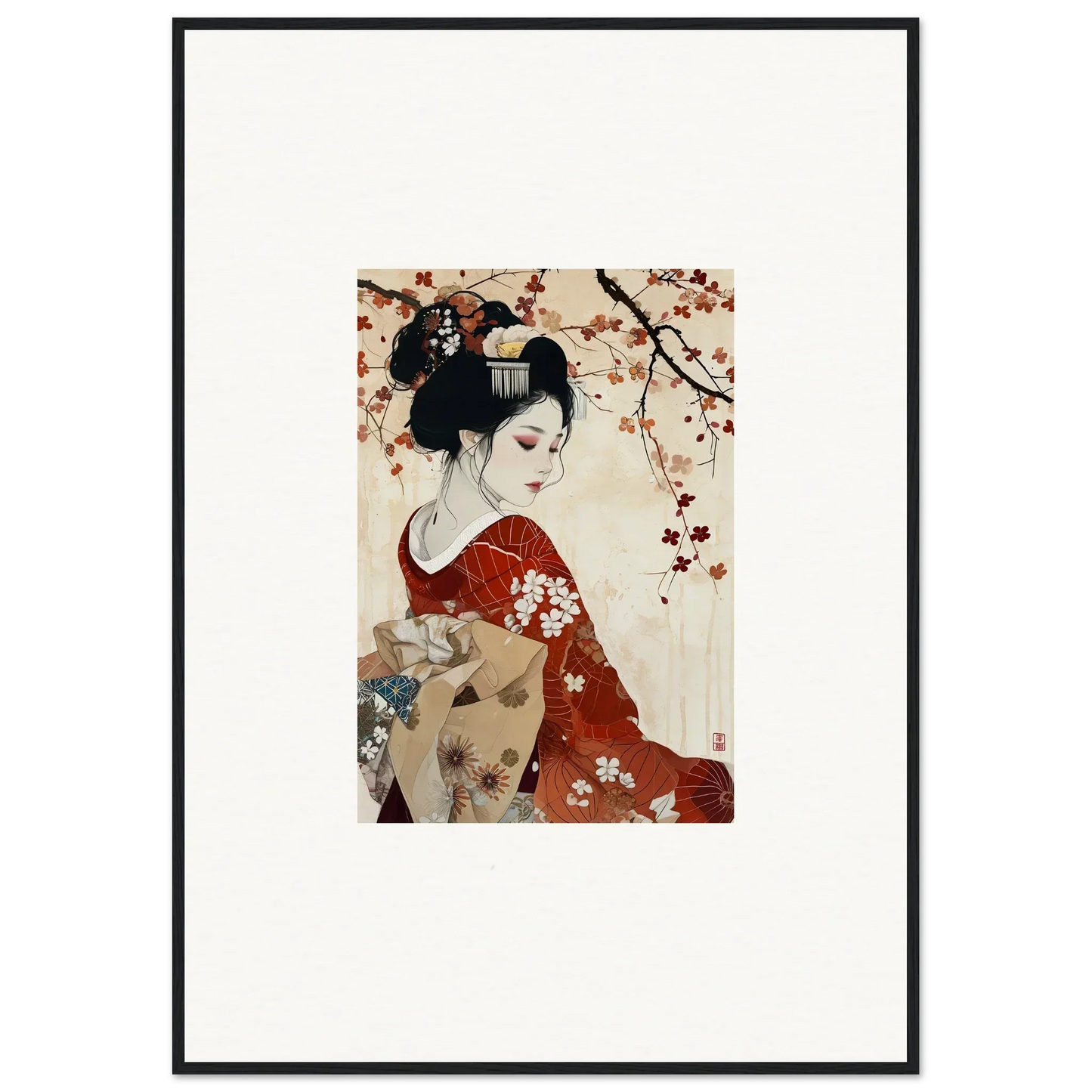 Traditional Japanese art of a geisha in a red floral kimono for Geisha Moon Blossoms