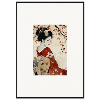 Traditional Japanese art of a geisha in a red floral kimono for Geisha Moon Blossoms