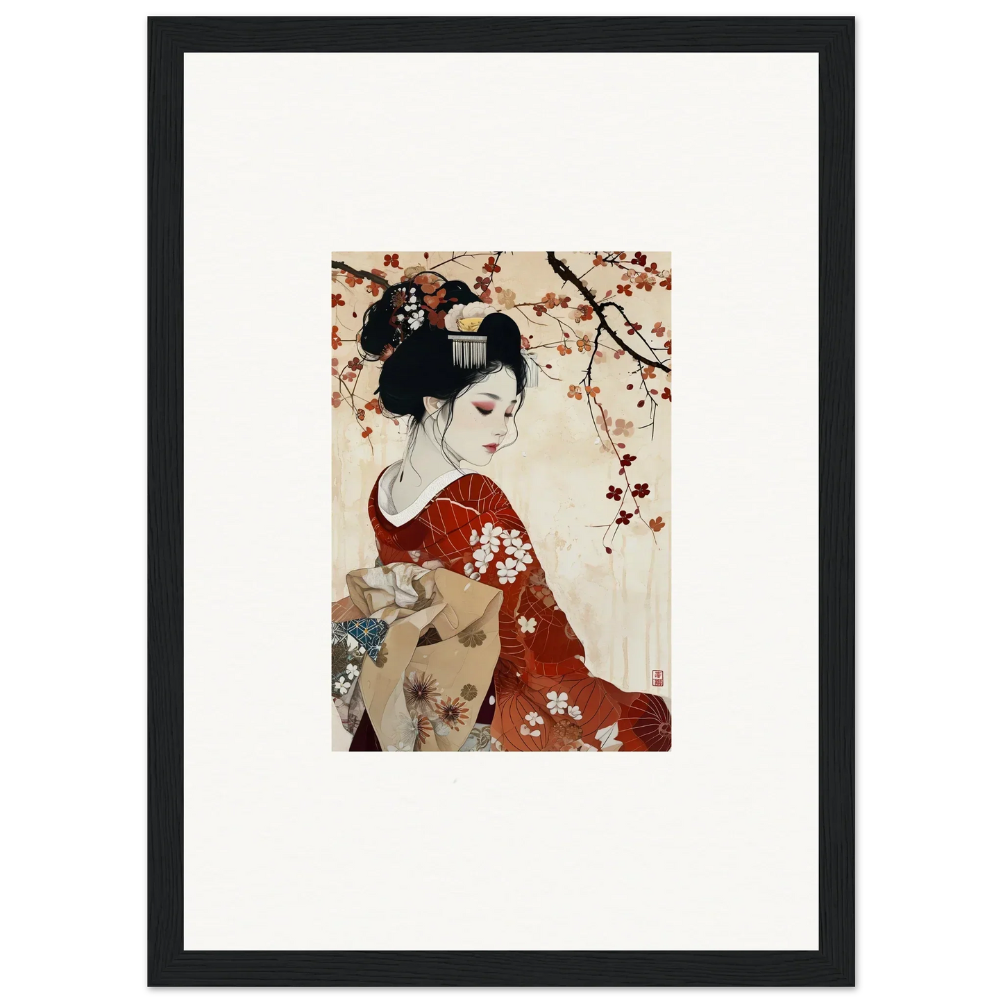 Traditional Japanese geisha in red floral kimono under cherry blossoms for Geisha Moon Blossoms