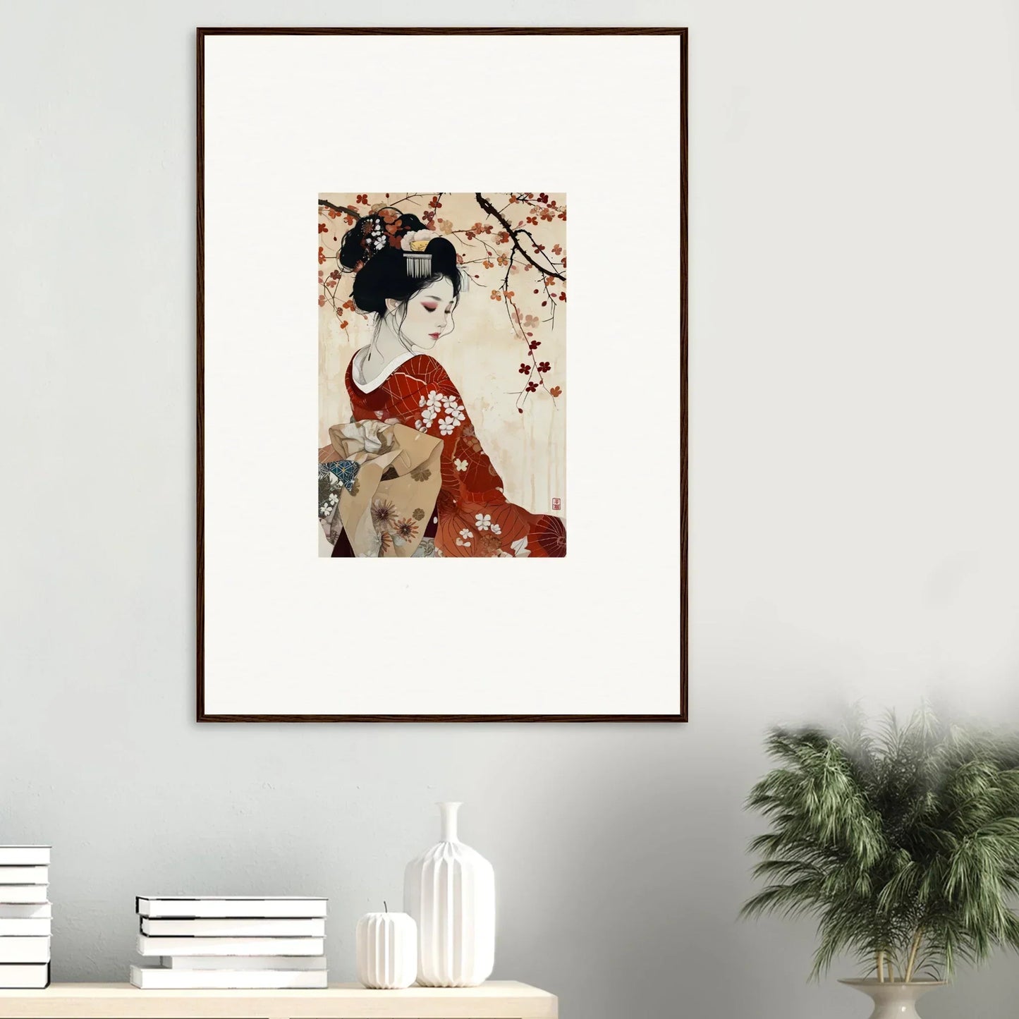 Framed wall art featuring Geisha Moon Blossoms with a geisha in a red kimono