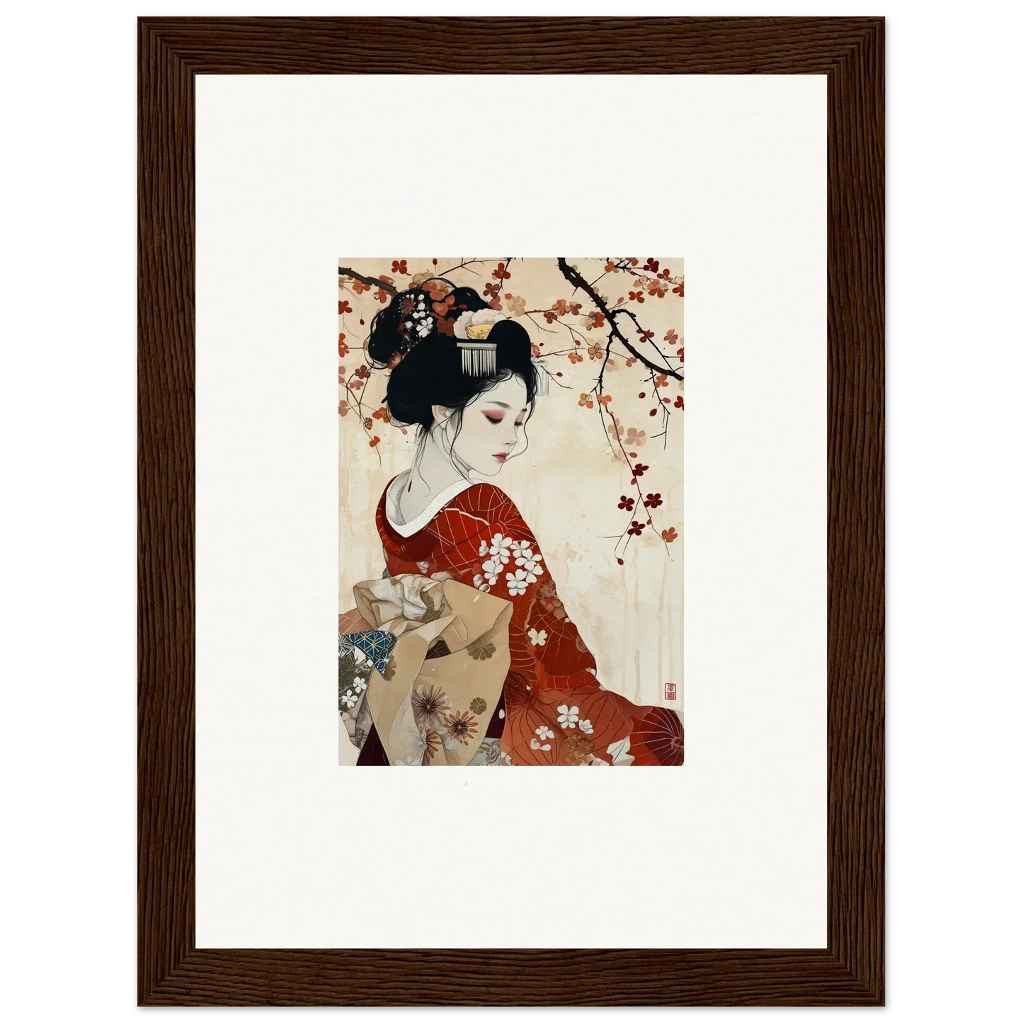 Framed wall art of a geisha in a red floral kimono for Geisha Moon Blossoms