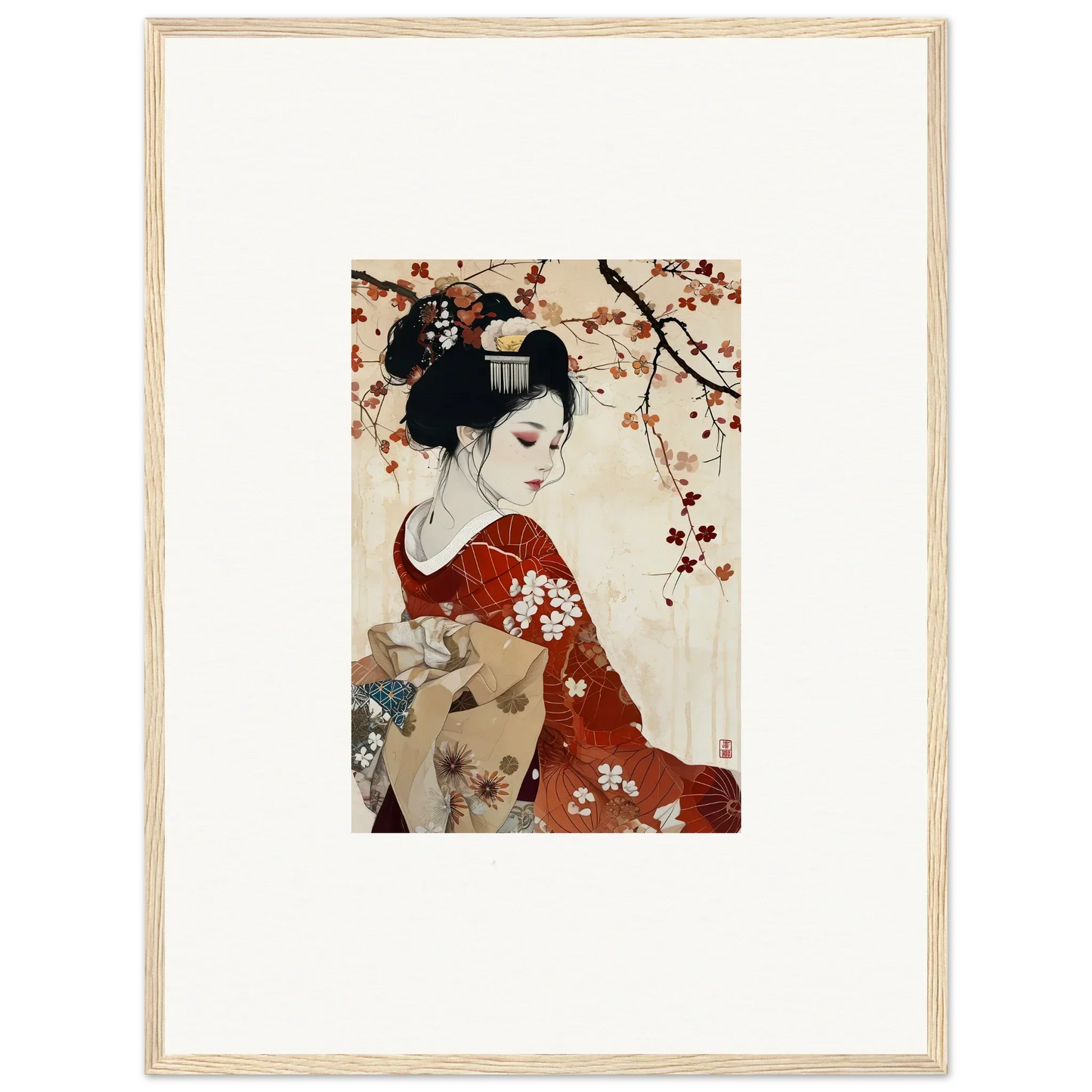 Traditional Japanese artwork of a geisha in a red kimono under cherry blossoms, Geisha Moon Blossoms