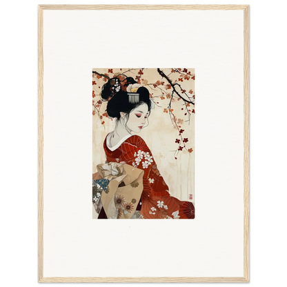 Traditional Japanese artwork of a geisha in a red kimono under cherry blossoms, Geisha Moon Blossoms