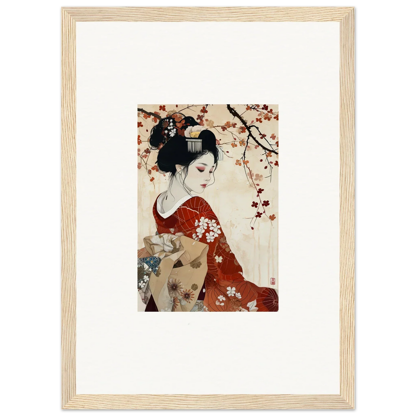 Framed wall art of Geisha Moon Blossoms, featuring a geisha in a red floral kimono