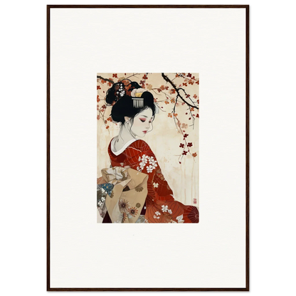 Stunning Traditional Japanese artwork of a geisha in a red floral kimono for Geisha Moon Blossoms