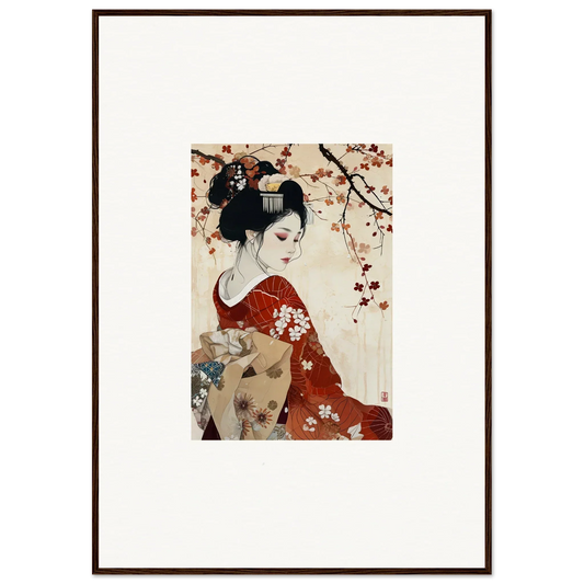 Stunning Traditional Japanese artwork of a geisha in a red floral kimono for Geisha Moon Blossoms