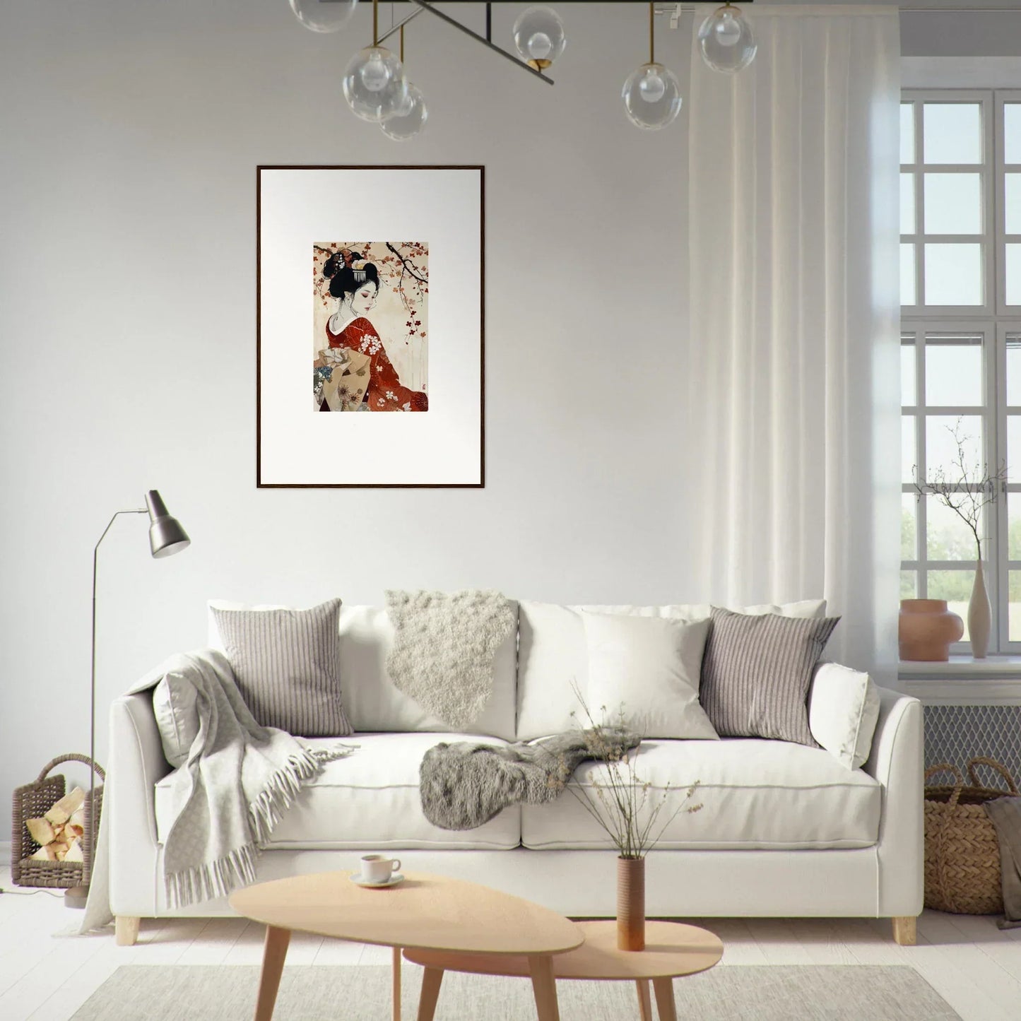 White sofa with gray and cream pillows, styled with Geisha Moon Blossoms art