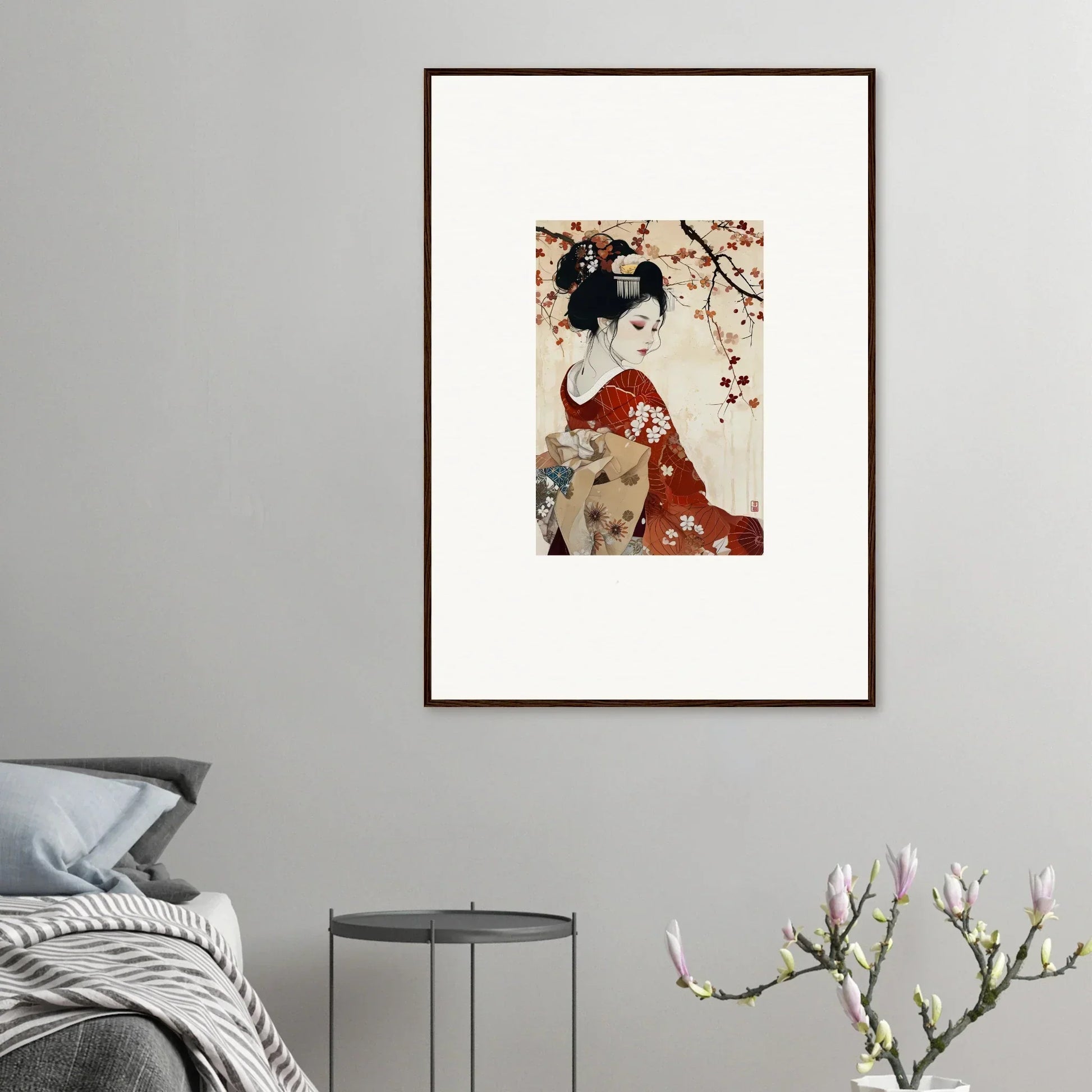 Framed wall art of Geisha Moon Blossoms with a geisha in a red kimono and cherry blossoms