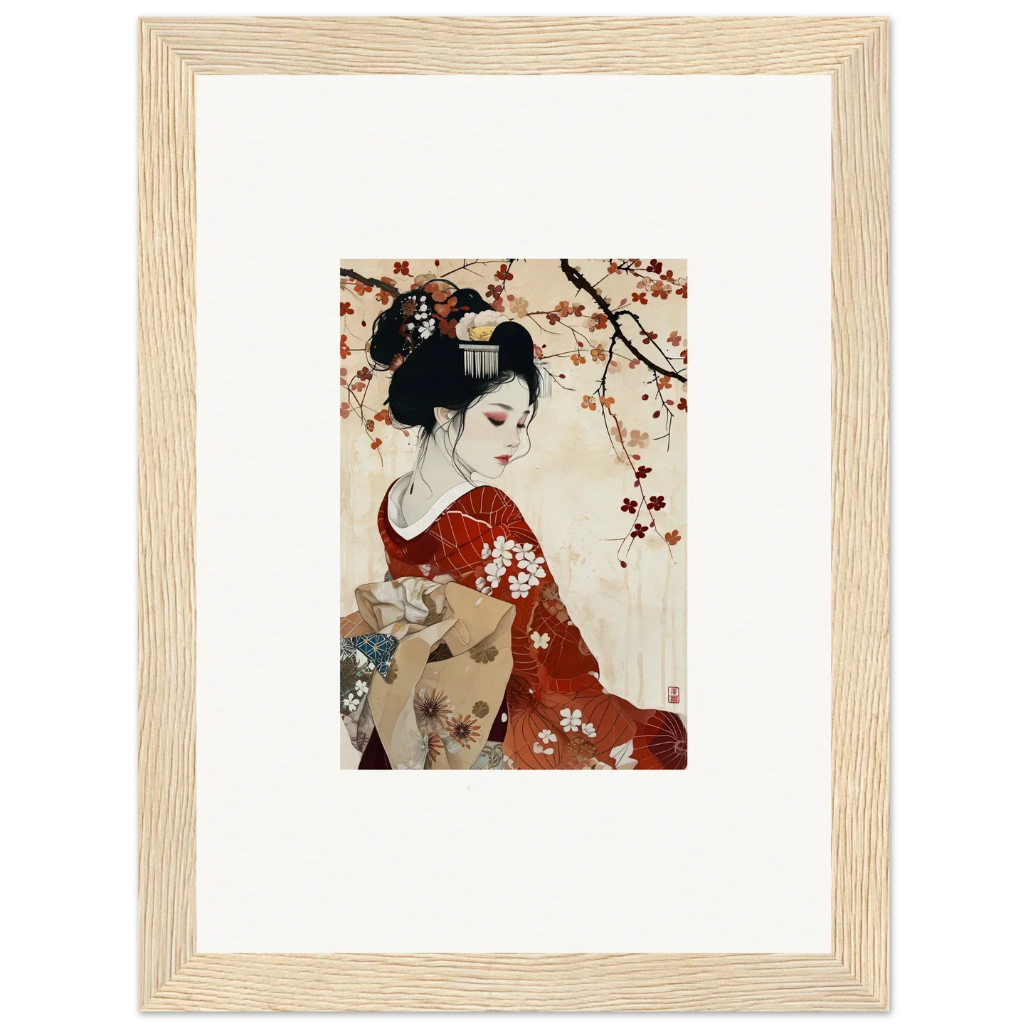 Framed wall art of Geisha Moon Blossoms with a geisha in a red kimono under cherry blossoms