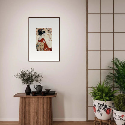 Framed Japanese woodblock print of a geisha in a red kimono for Geisha Moon Blossoms