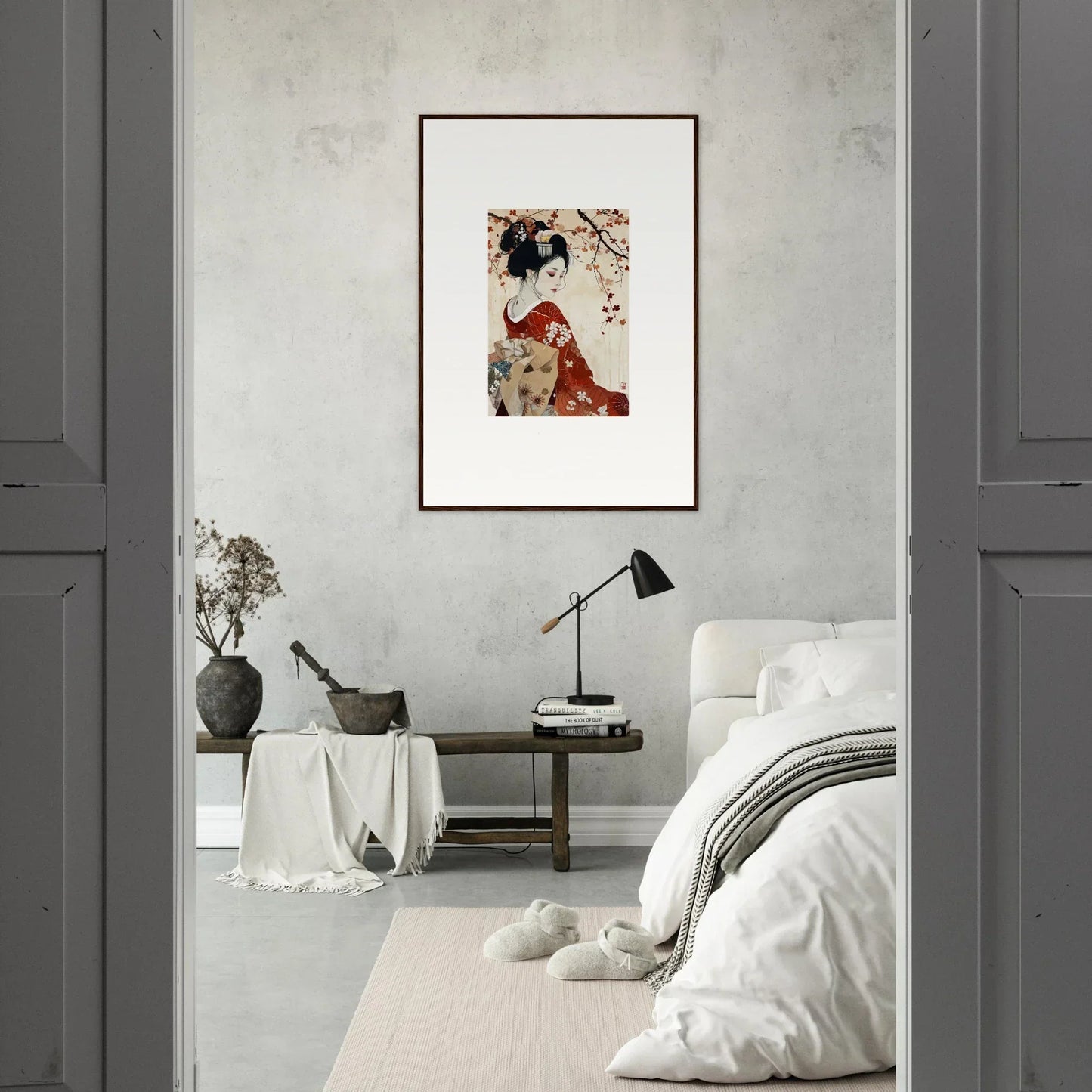 Framed wall art featuring a geisha in red kimono amid cherry blossoms, Geisha Moon Blossoms