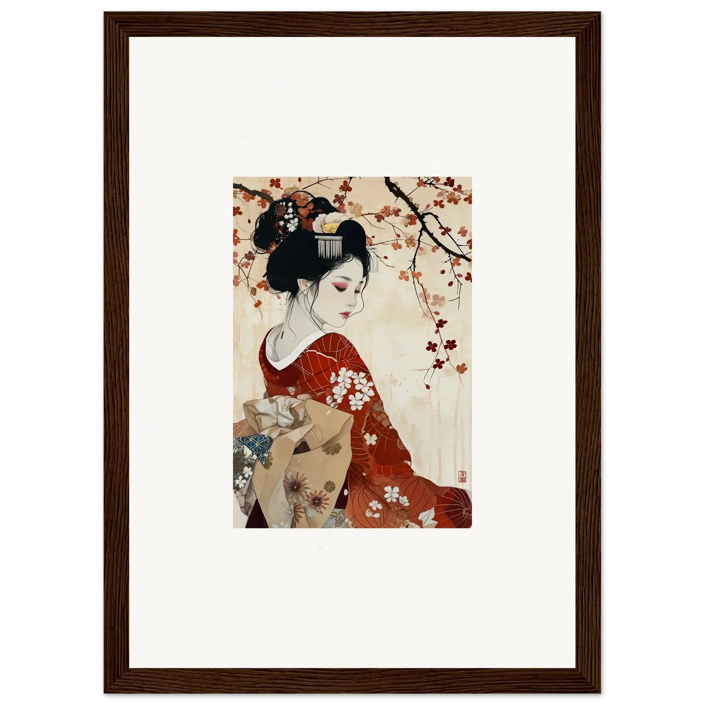 Traditional Japanese art of a geisha in a red kimono under cherry blossoms, Geisha Moon Blossoms