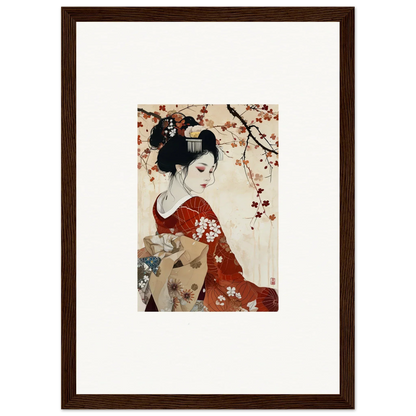 Traditional Japanese art of a geisha in a red kimono under cherry blossoms, Geisha Moon Blossoms