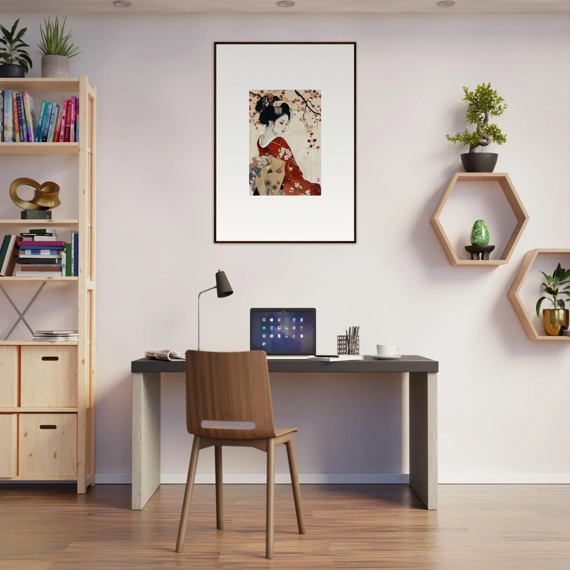 Modern home office with dark desk and wooden chair featuring Geisha Moon Blossoms art