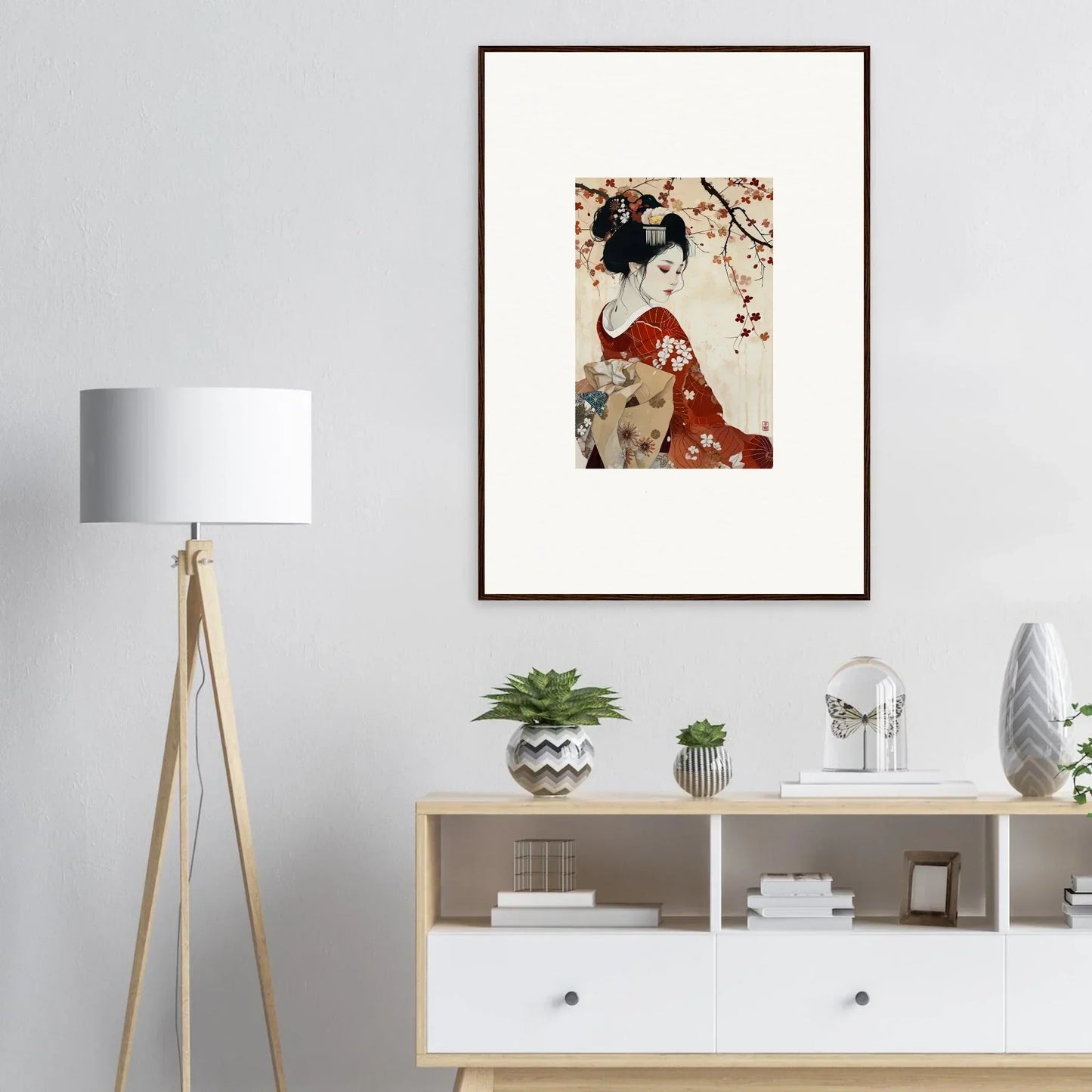 Framed wall art of Geisha Moon Blossoms with a figure in a red kimono under cherry blossoms