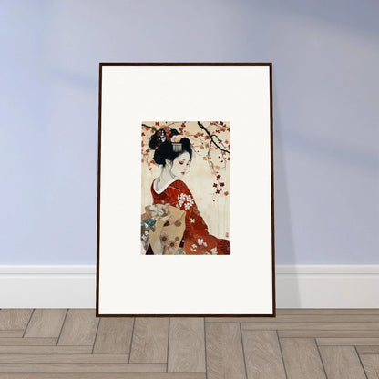 Framed wall art of Geisha Moon Blossoms in a red kimono with cherry blossoms