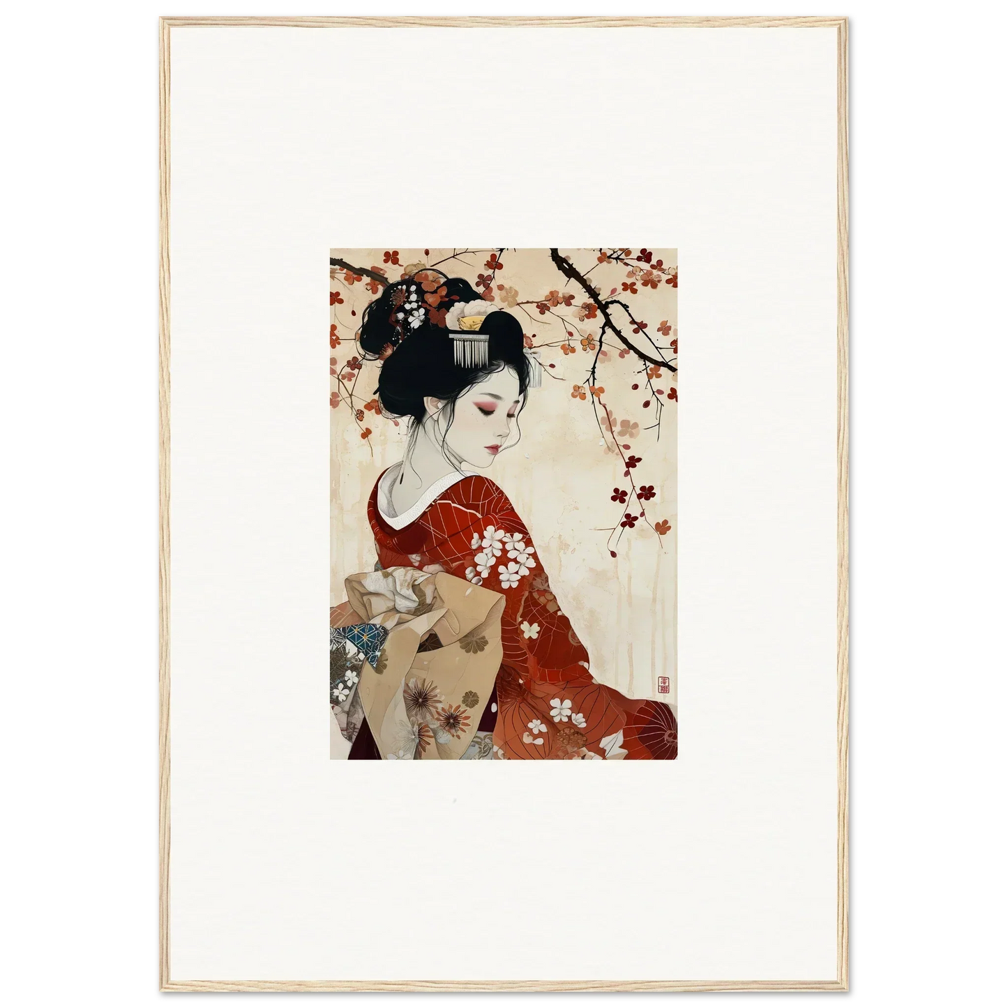 Traditional Japanese artwork of a geisha in a floral kimono under cherry blossoms