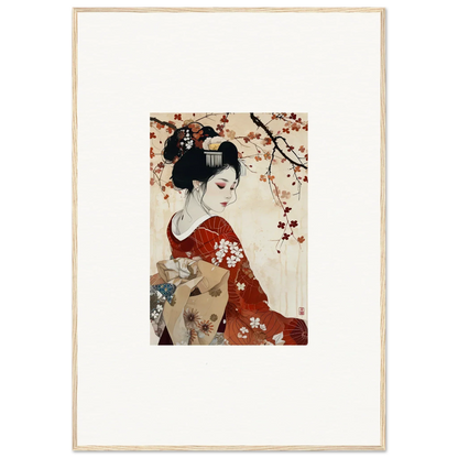 Traditional Japanese artwork of a geisha in a floral kimono under cherry blossoms