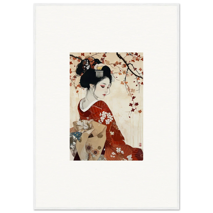 Traditional Japanese artwork of a geisha in a red floral kimono for Geisha Moon Blossoms