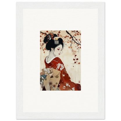 Traditional Japanese artwork of a geisha in a red kimono under cherry blossoms, Geisha Moon Blossoms framed wall art