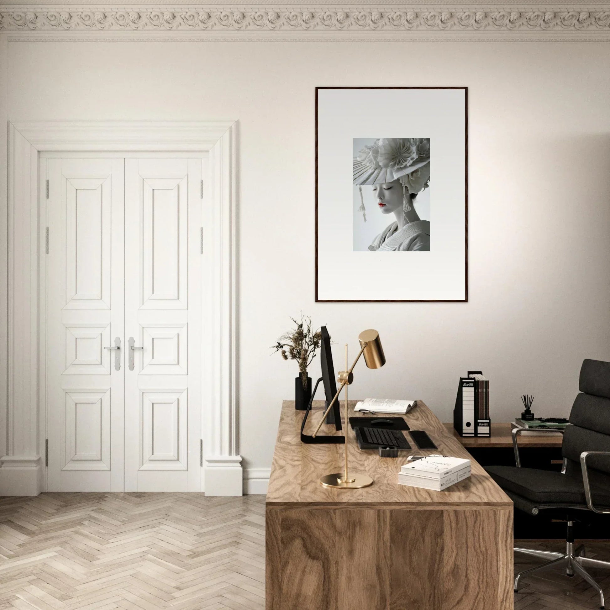 Wooden desk with typewriter and books in a minimalist workspace for Petal Dreams vibe