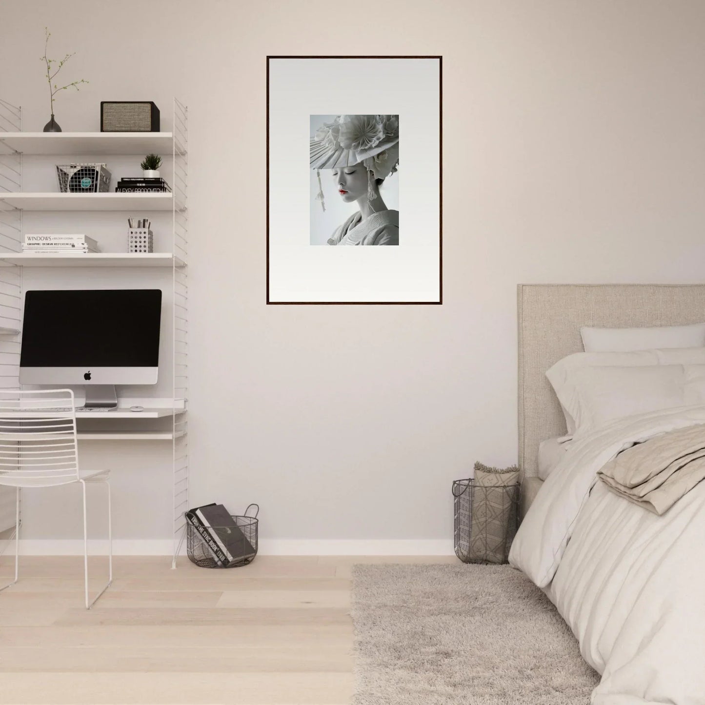 Minimalist bedroom with white walls and a canvas print of Petal Dreams